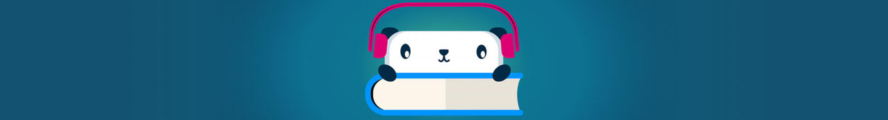 Drawing of a panda with headphones holding onto a book